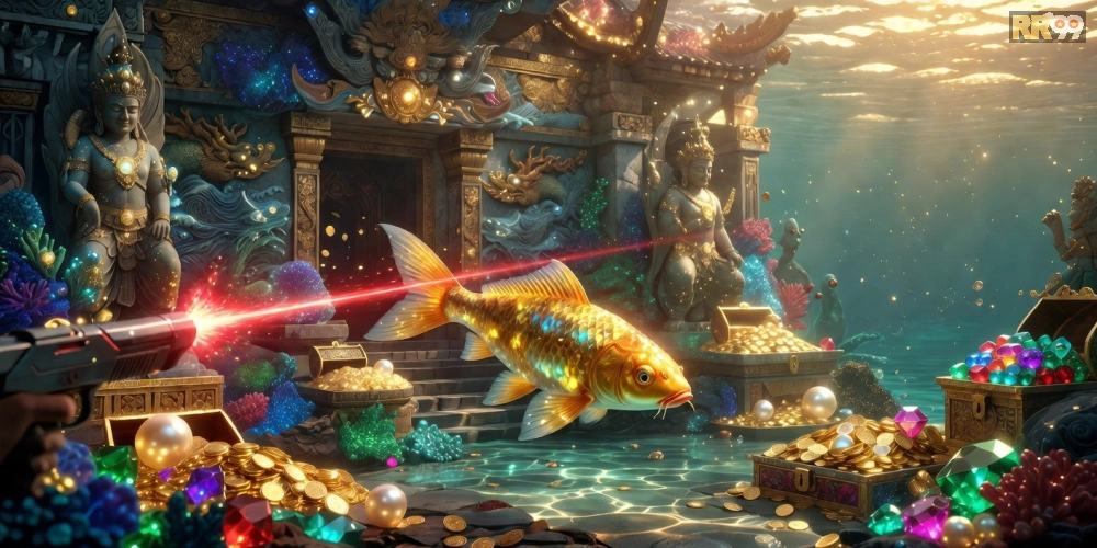 Top game bắn cá rr99 với hình ảnh thần tài may mắn và cá vàng óng ánh