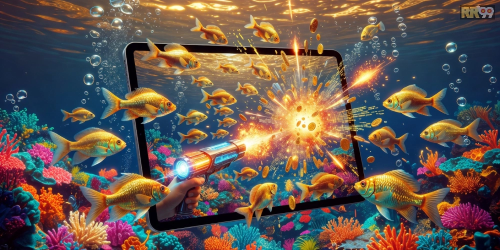 Minh họa gameplay bắn cá thần tài trên rr99 với hiệu ứng bắn súng rực rỡ