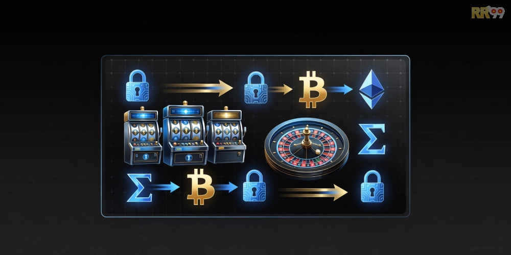 Hình minh họa giao diện crypto casino rr99 với các trò chơi hấp dẫn và biểu tượng tiền điện tử
