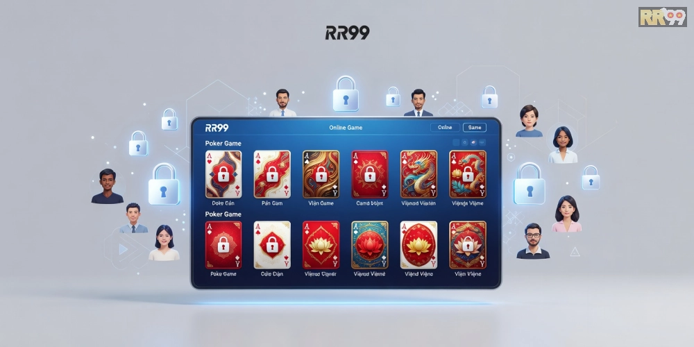 Hình minh họa khái niệm game bài uy tín rr99 với giao diện hiện đại và thẻ bài đa dạng
