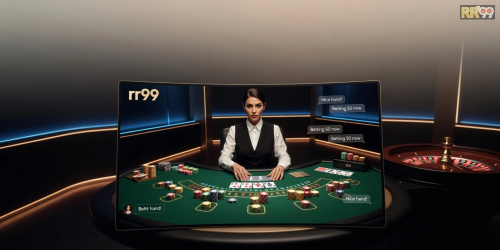 Minh họa giao diện live casino rr99 với dealer chuyên nghiệp và trò chơi blackjack hấp dẫn