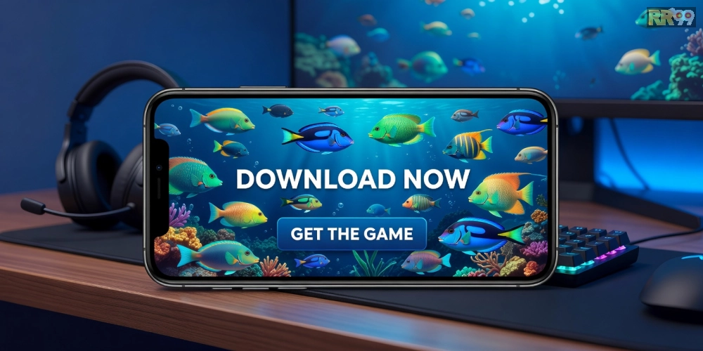 Hình ảnh minh họa giao diện tải game bắn cá online rr99 với các nút tải nhanh và cá sặc sỡ